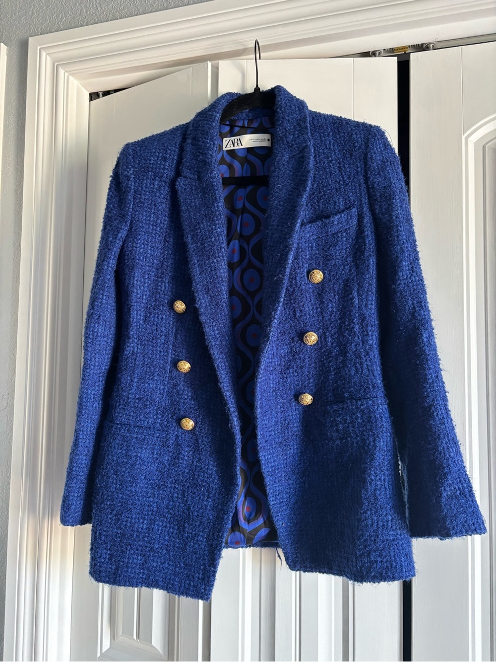 ZARA Royal Blue Bouclé Double-Breasted Blazer with Gold Buttons